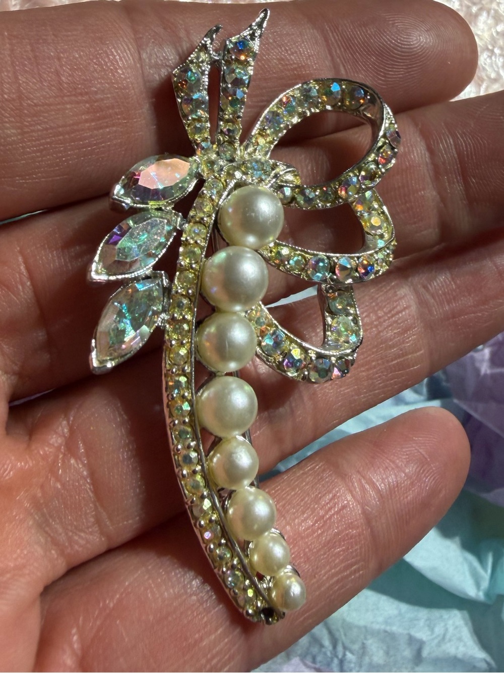 Vintage Silver Tone Faux Pearls Aurora Borealis Crystal Floral Brooch